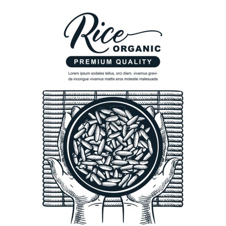Ilustración de Paquete de arroz, etiqueta, plantilla de diseño de banner. Cuenco con arroz hervido en estera de bambú en manos humanas. Vector dibujado a mano ilustración de comida sana tradicional asiática - Imagen libre de derechos