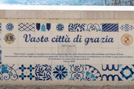 Photo for Vasto, 10-10-2023. "Vasto City of Grace": D'Annunzio's phrase and that of other characters imprinted on ceramics, Mosaic on the Loggia Amblingh - Royalty Free Image
