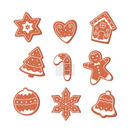 Téléchargez les illustrations : Biscuits de Noël avec glaçage. Biscuit décoré du Nouvel An. Joyeux Noël et Joyeuses Fêtes. Bonbons maison d'hiver. Illustration vectorielle - en licence libre de droit