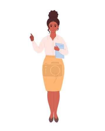 Ilustración de Mujer joven en traje de oficina con carpeta de archivos o libro. Mujer de negocios. Profesor, empresario, oficinista. Elegante look de moda. Ilustración vectorial - Imagen libre de derechos