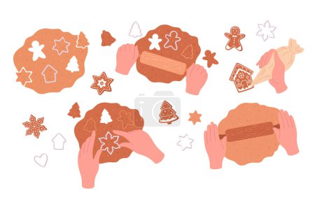Illustration for Christmas cookies. Process of making homemade cookies. Forms for cutting gingerbread. Merry Christmas and Happy Holidays. Vector illustration - Royalty Free Image