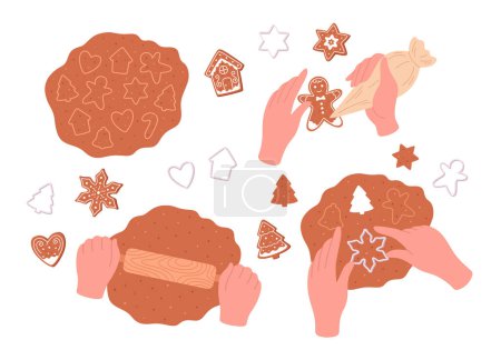 Illustration for Christmas cookies. Process of making homemade cookies. Forms for cutting gingerbread. Merry Christmas and Happy Holidays. Vector illustration - Royalty Free Image