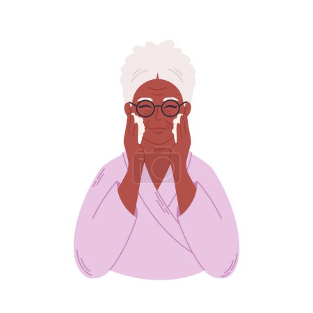 Illustration for Old black woman applying organic cosmetic cream on face. Senior woman with wrinkles doing anti age procedures. Vector illustration - Royalty Free Image