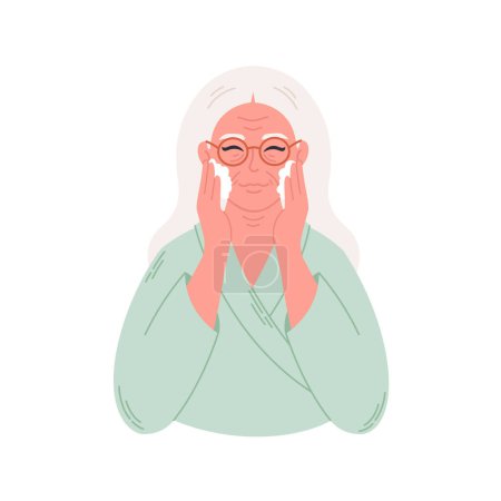 Illustration for Old woman applying organic cosmetic cream on face. Senior woman with wrinkles doing anti age procedures. Vector illustration - Royalty Free Image