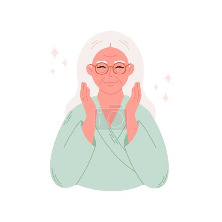 Old woman after skin care and anti aging procedures. Treatment for wrinkles, eyes bags, rejuvenation. Spa procedures at home. Vector illustration