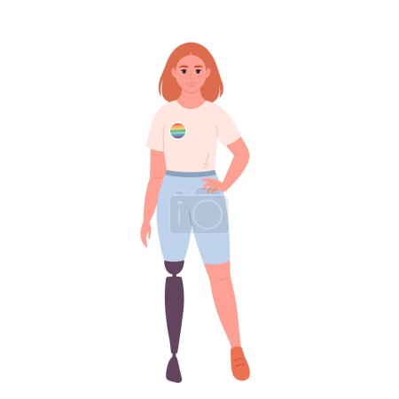 Ilustración de Joven personaje con pin LGBTQ. Ella, él, ellos, no binarios. Movimiento de género neutral. Comunidad LGBTQ. Mujer con discapacidad física. Ilustración vectorial - Imagen libre de derechos
