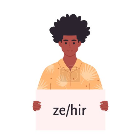 Young black man holding sign with gender pronoun. She, he, they, non-binary. Gender-neutral movement. LGBTQ community. Vector illustration