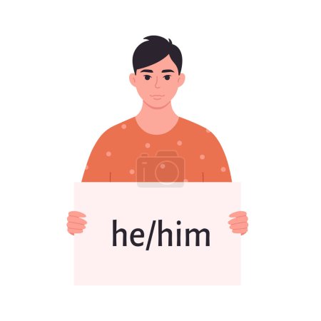 Téléchargez les illustrations : Jeune homme asiatique tenant signe avec pronom de genre. Elle, lui, eux, non binaire. Mouvement non sexiste. Communauté LGBTQ. Illustration vectorielle - en licence libre de droit