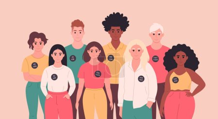 People with gender pronouns pin. She, he, they, non-binary. Gender-neutral movement. LGBTQ community. Vector illustration