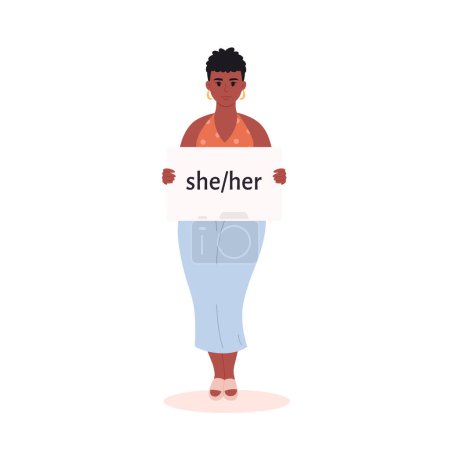 Téléchargez les illustrations : Jeune femme noire tenant signe avec pronom de genre. Elle, lui, eux, non binaire. Mouvement non sexiste. Communauté LGBTQ. Illustration vectorielle - en licence libre de droit