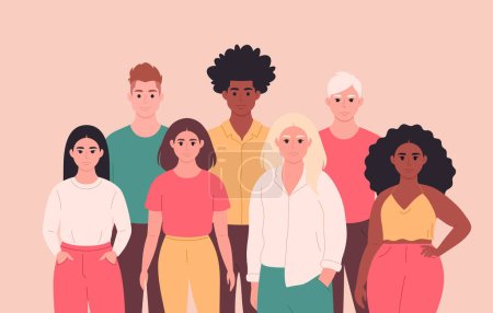 Group of young people of different races, appearances. Multicultural society. Social diversity of people in modern society. Vector illustration