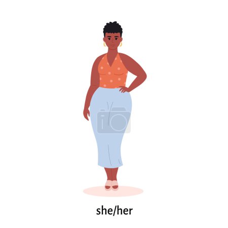 Téléchargez les illustrations : Jeune femme noire avec pronom de genre. Elle, lui, eux, non binaire. Mouvement non sexiste. Communauté LGBTQ. Illustration vectorielle - en licence libre de droit