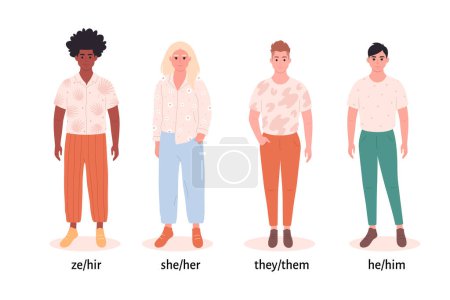 Ilustración de Hombres con pronombres de género. Ella, él, ellos, ze o no binario. Movimiento de género neutral. Comunidad LGBTQ. Ilustración vectorial - Imagen libre de derechos