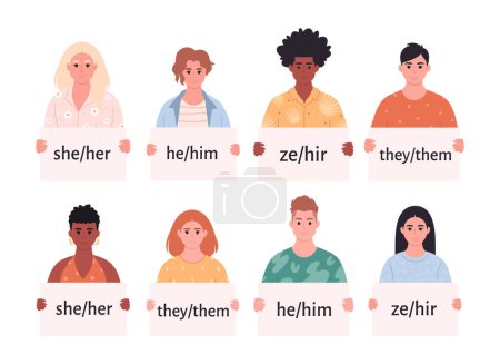 People holding signs with gender pronouns. She, he, they, ze, non-binary. Gender-neutral movement. LGBTQ community. Vector illustration