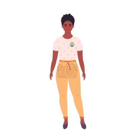 Téléchargez les illustrations : Femme noire avec épinglette LGBTQ. Elle, lui, eux, non binaire. Mouvement non sexiste. Communauté LGBTQ. Illustration vectorielle - en licence libre de droit