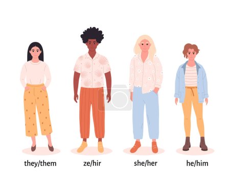 Ilustración de Personas con pronombres de género. Ella, él, ellos o no binarios. Movimiento de género neutral. Comunidad LGBTQ. Ilustración vectorial - Imagen libre de derechos