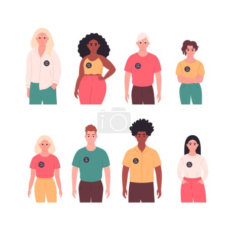 Ilustración de Gente con pronombres de género pin. Ella, él, ellos, no binarios. Movimiento de género neutral. Comunidad LGBTQ. Ilustración vectorial - Imagen libre de derechos