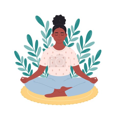 Black woman sitting in lotus pose and meditating on mat. Mental health care, relaxation, recreation, yoga practicing. Vector illustration