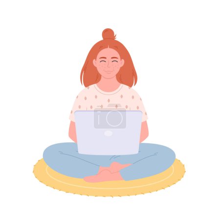 Mujer sentada con laptop. Mujer trabajando en la computadora. Independiente, trabajo desde casa, trabajo remoto. Ilustración vectorial