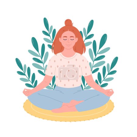 Woman sitting in lotus pose and meditating on mat. Mental health care, relaxation, recreation, yoga practicing. Vector illustration