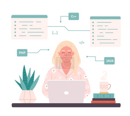 Illustration for Man working on laptop. IT developer. Programming code. Freelance, remote working or programming. Vector illustration - Royalty Free Image