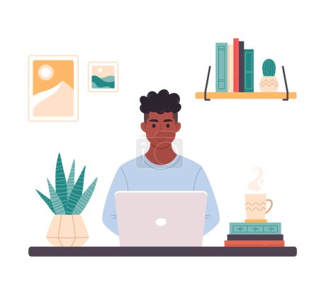 Illustration for Black man working with computer. Home office, freelance, remote working, programming, customer service, online career. Vector illustration - Royalty Free Image