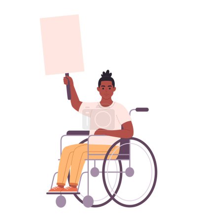 Illustration for Young black man in wheelchair holding clean empty banner or placard. Activism, social movement. Democracy, rally and protest. Person with physical disability. Vector illustration - Royalty Free Image
