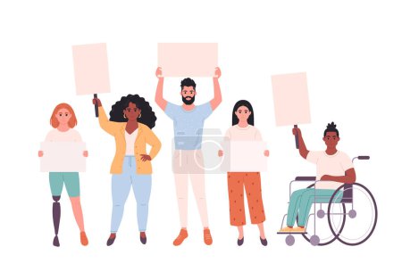 People of different race holding clean empty banners and placards. Activism, social movement. Democracy, rally and protest. People with physical disability. Vector illustration