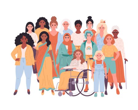 Illustration for Woman of different races, nationalities, ages, body types. Woman with physical disability. International Womens Day. Social diversity of people in modern society. Vector illustration - Royalty Free Image
