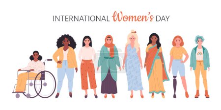 Illustration for International Womens Day. Feminism, woman equality, empowerment. Crowd of woman of different races, nationalities, ages, body types. Vector illustration - Royalty Free Image