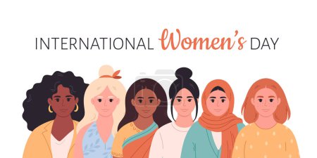 Illustration for International Womens Day. Feminism, women equality, empowerment. Crowd of women of different races, nationalities, ages, body types. Vector illustration - Royalty Free Image