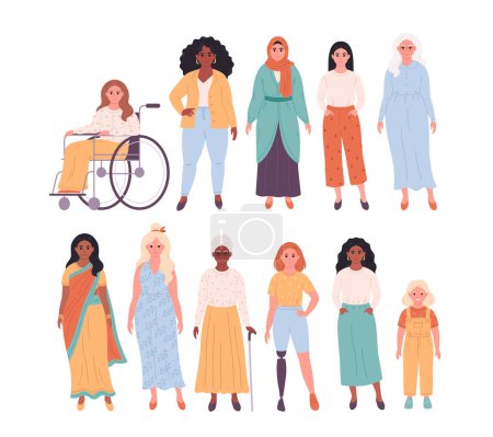 Illustration for Crowd of women of different races, nationalities, ages, body types. International Womens Day. Social diversity of people in modern society. Vector illustration - Royalty Free Image