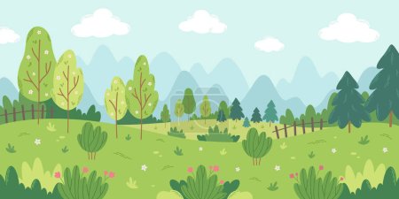 Frühlingslandschaft mit Bäumen, Bergen, Feldern, Büschen, Blumen und Tannen. Vektorillustration