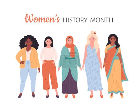 Women of different races, nationalities. Womens history month. Feminism and women equality, empowerment. Vector illustration