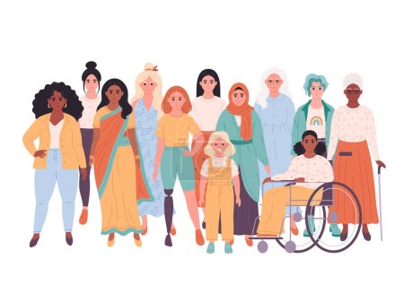 Téléchargez les illustrations : Women of different races, nationalities, ages, body types. International Womens Day. Social diversity of people in modern society. Vector illustration - en licence libre de droit