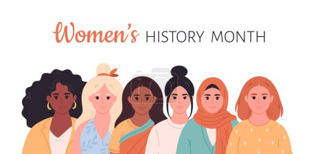 Mujeres de diferentes razas, nacionalidades. Mes de historia de las mujeres. Feminismo e igualdad de las mujeres, empoderamiento. Ilustración vectorial