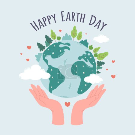 Happy Earth Day. Planet Erde mit Bäumen, Tannen, Büschen, Wolken. Die Pflege von Natur und Umwelt. Umweltbewusstsein. Rettet unseren Planeten. Vektorillustration