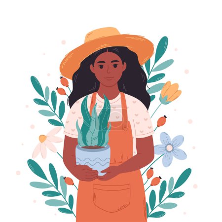 Ilustración de Mujer negra jardinero con maceta planta de la casa. Jardinero, floristería, granjero, botánica, vendedor en una floristería. Ilustración vectorial - Imagen libre de derechos