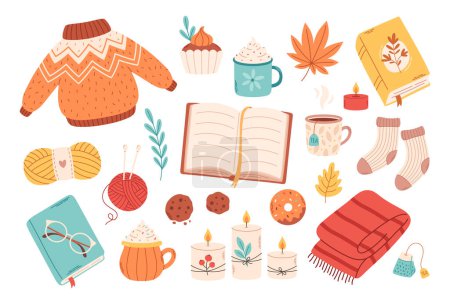Illustration for Autumn set of cute and cozy design elements. Fall mood, hygge mood-boosting things. Vector illustration - Royalty Free Image