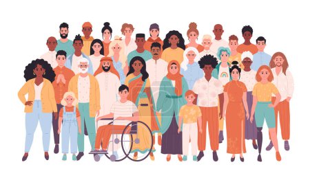 Ilustración de Multitud de personas de diferentes razas, nacionalidades, edad, personas con discapacidad. Sociedad multicultural. Diversidad social de las personas en la sociedad moderna. Ilustración vectorial - Imagen libre de derechos