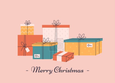 Merry Christmas greeting card with gift boxes. Christmas presents. Vector illustration