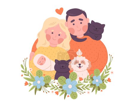 Ilustración de Retrato de familia feliz con niño, gatos y perro. Día Mundial de la Familia. Ilustración vectorial en estilo plano - Imagen libre de derechos