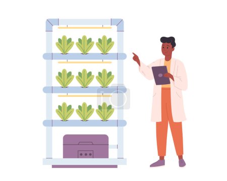 Hydroponics technology for plants growing. Vertical farming. Scientist or biologist grows plants in hydroponic farm. Smart farm. Vector illustration in flat style