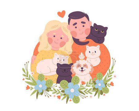 Ilustración de Retrato de familia feliz con gatos y perros. Día Mundial de la Familia. Familia con animales. Ilustración vectorial en estilo plano - Imagen libre de derechos