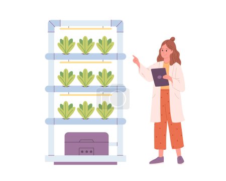 Hydroponics technology for plants growing. Vertical farming. Scientist or biologist grows plants in hydroponic farm. Smart farm. Vector illustration in flat style
