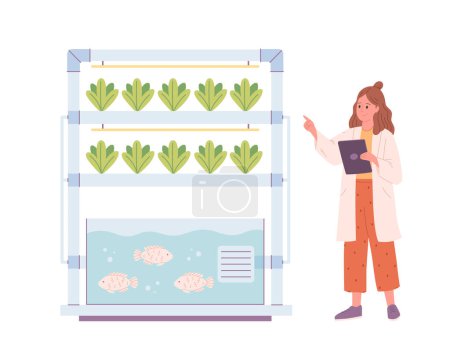 Hydroponics and aquaponics technology for plants growing. Vertical farming. Biologist grows plants. Smart farm. Vector illustration in flat style