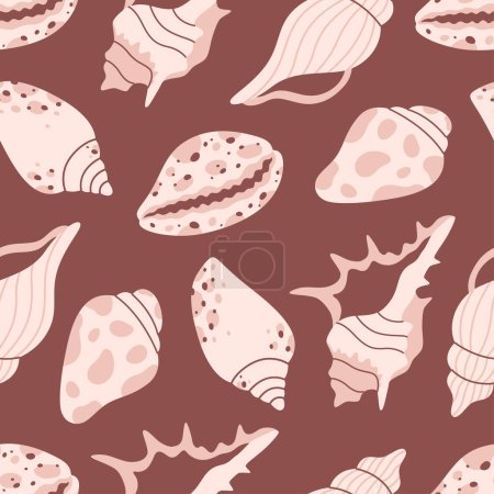 Seamless pattern with sea shells, mollusks, sea snails. Tropical beach shells. Summer seamless pattern. Vector illustration in flat style