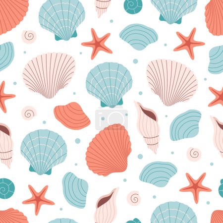Seamless pattern with sea shells, sea stars, mollusks, sea snails. Tropical beach shells. Summer seamless pattern. Vector illustration in flat style