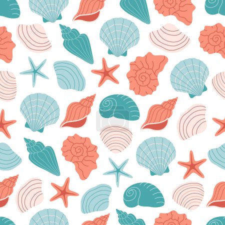 Seamless pattern with sea shells, mollusks, starfish. Tropical beach shells. Summer seamless pattern. Vector illustration in flat style