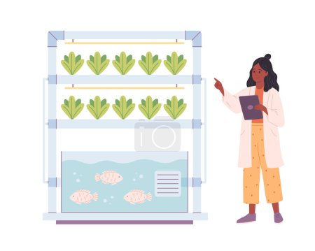 Hydroponics and aquaponics technology for plants growing. Vertical farming. Biologist grows plants. Smart farm. Vector illustration in flat style